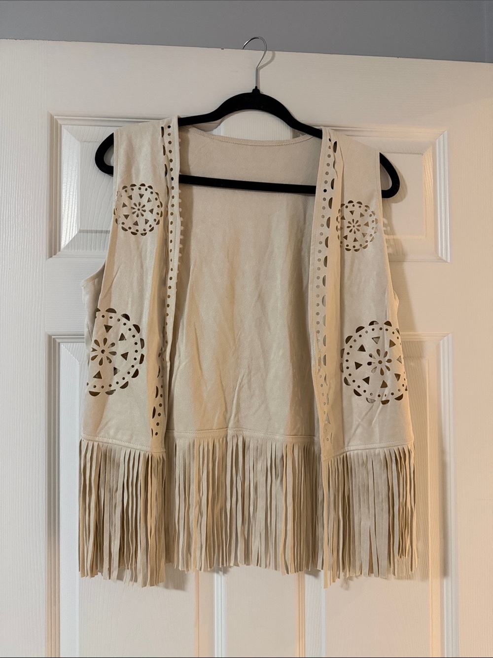 Amazon Cream Suede-Look Fringe Vest with Laser-Cut Medallions